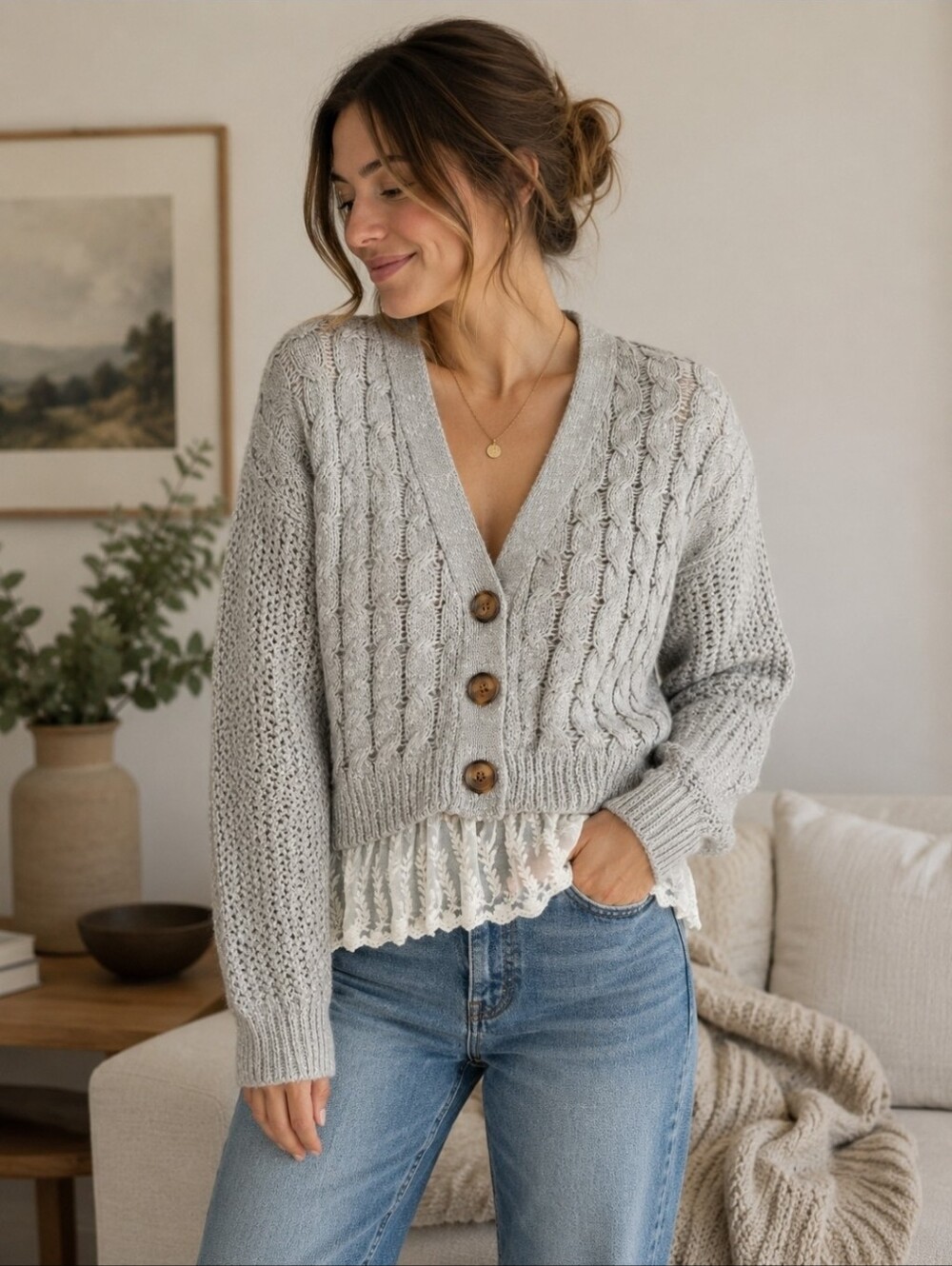 POL Women’s Soft Gray Cable Knit Button Up Cardigan Sweater Lace Trim Size Large